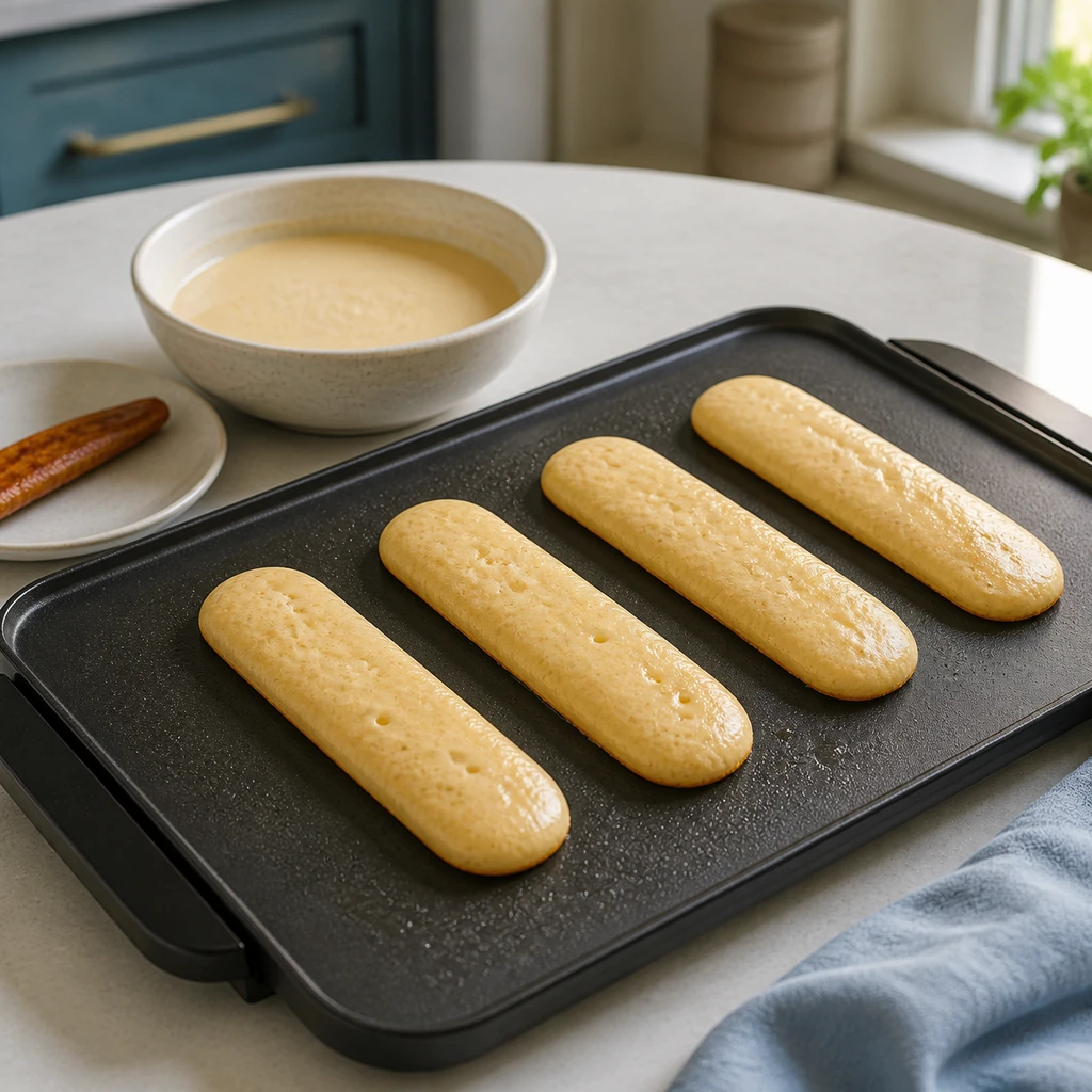 Four pancake bacon dippers cooking on a griddle