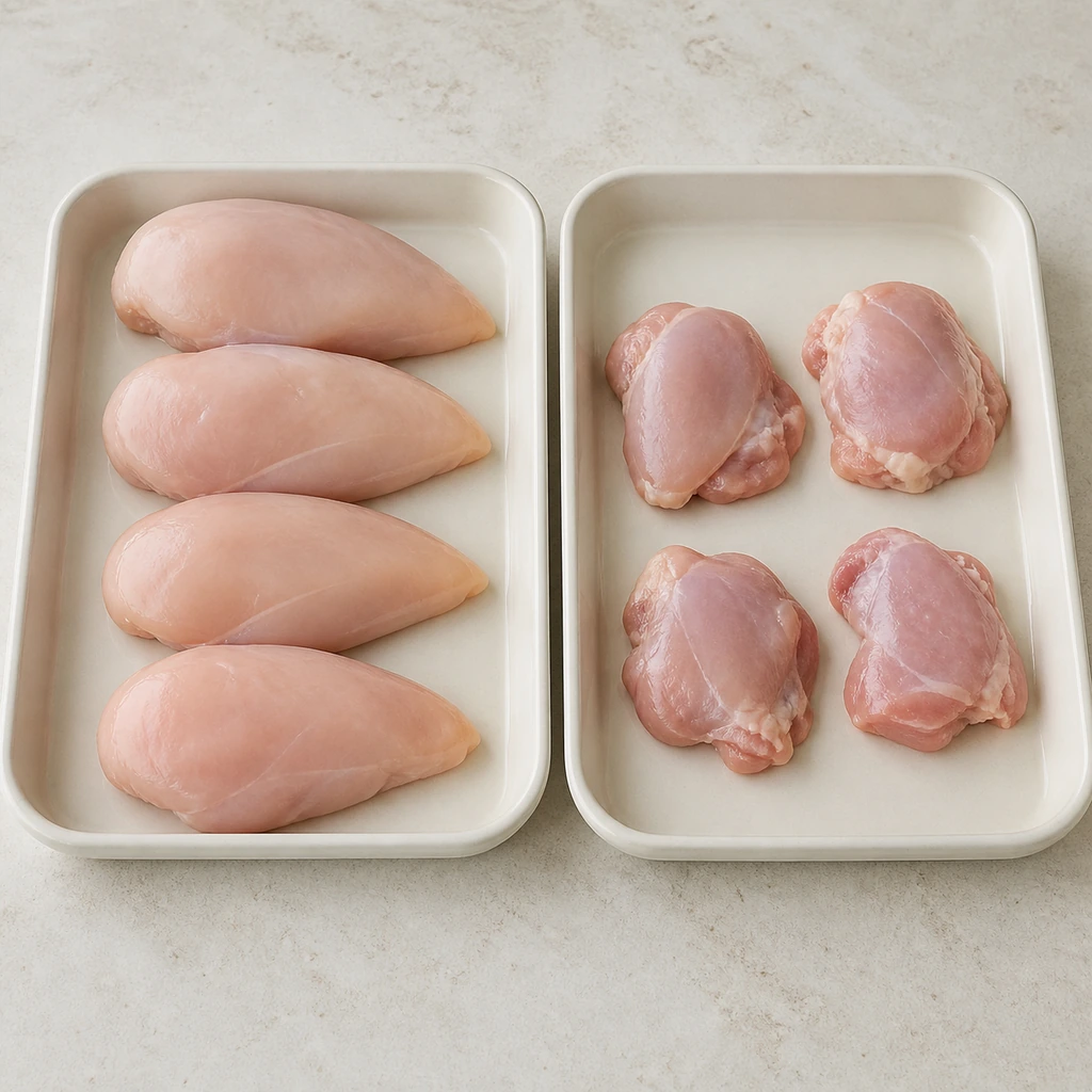 Raw boneless chicken breasts and thighs on separate trays