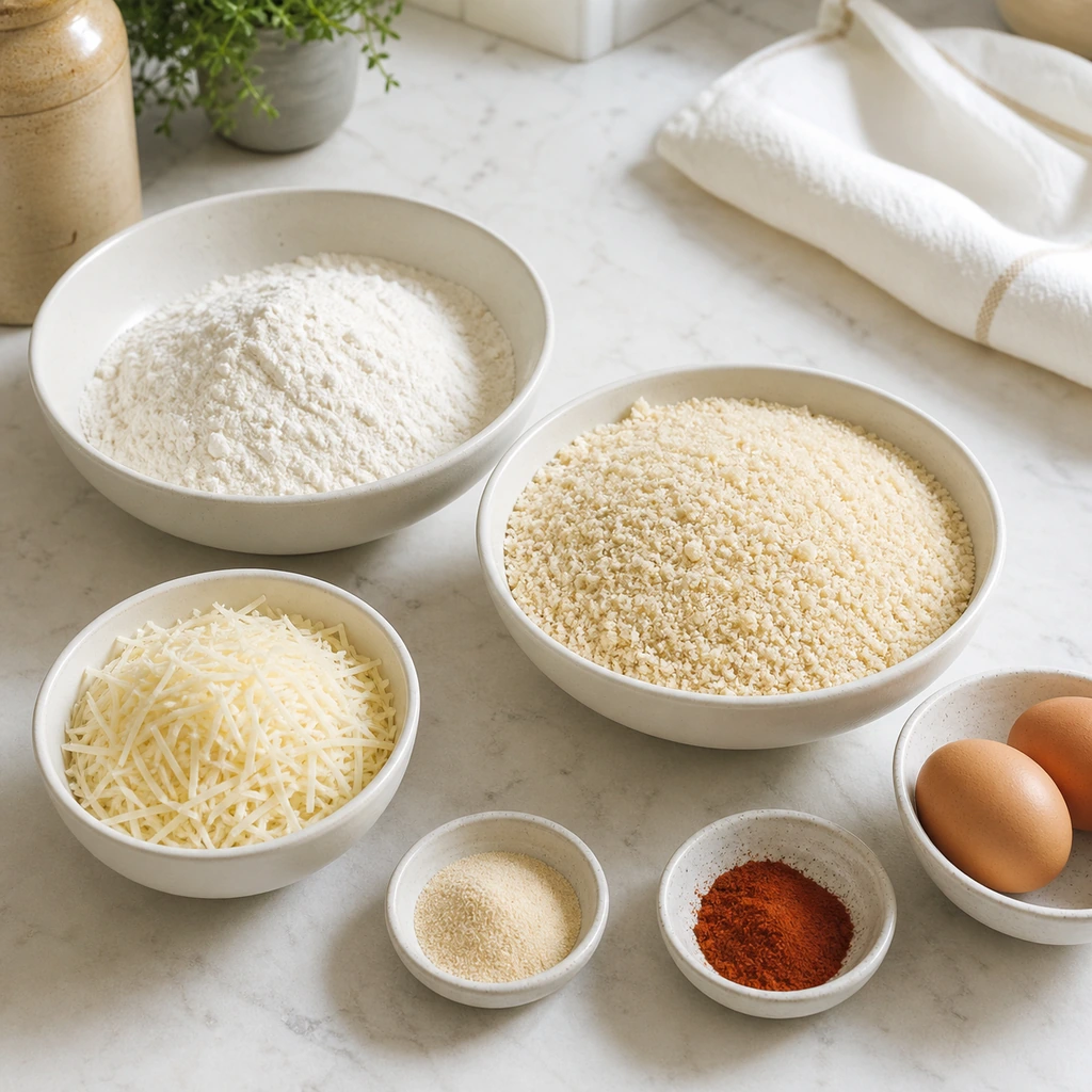 Gluten-free flour breadcrumbs Parmesan eggs and seasonings
