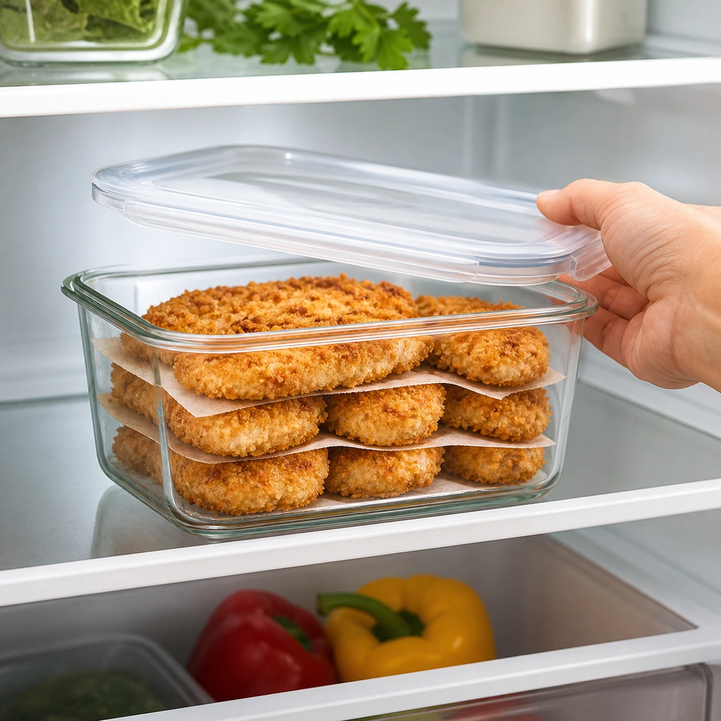 Cooked Parmesan chicken layered in an airtight glass container