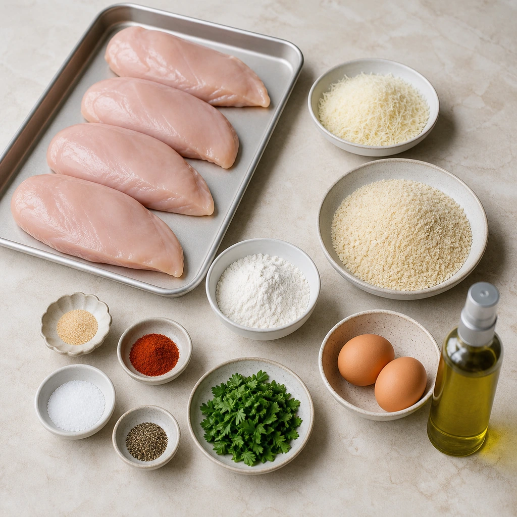 Ingredients for Easy Peasy Parmesan Chicken arranged separately
