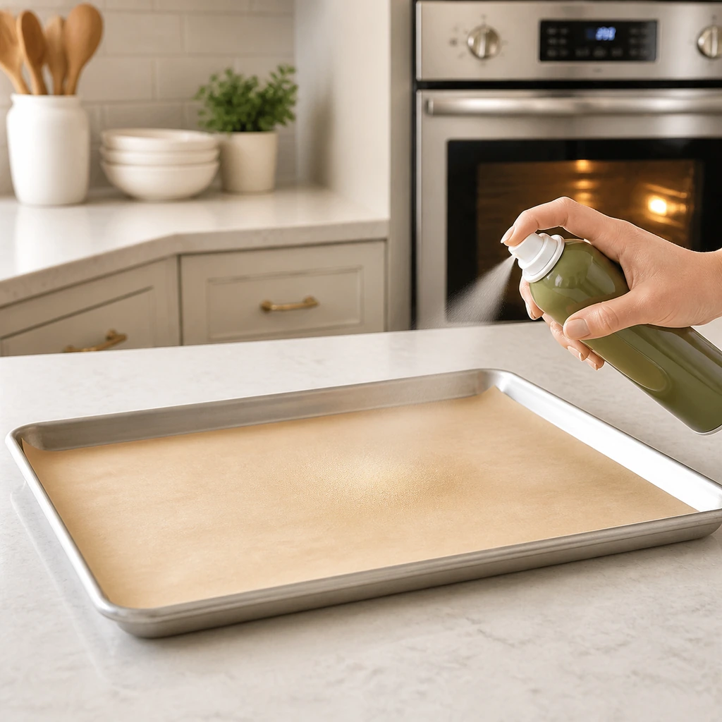 Parchment-lined baking sheet being lightly greased before baking