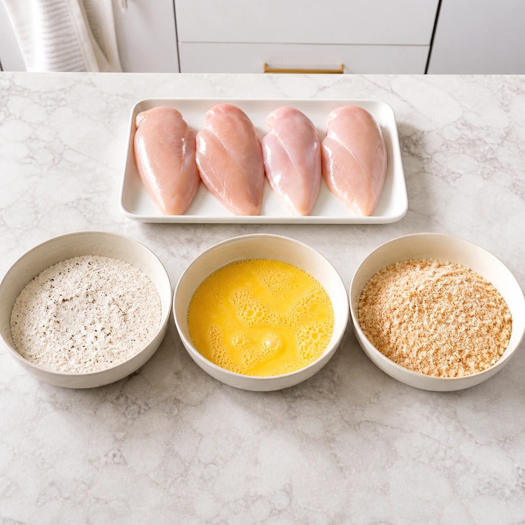 Three-bowl flour egg and Parmesan panko breading station