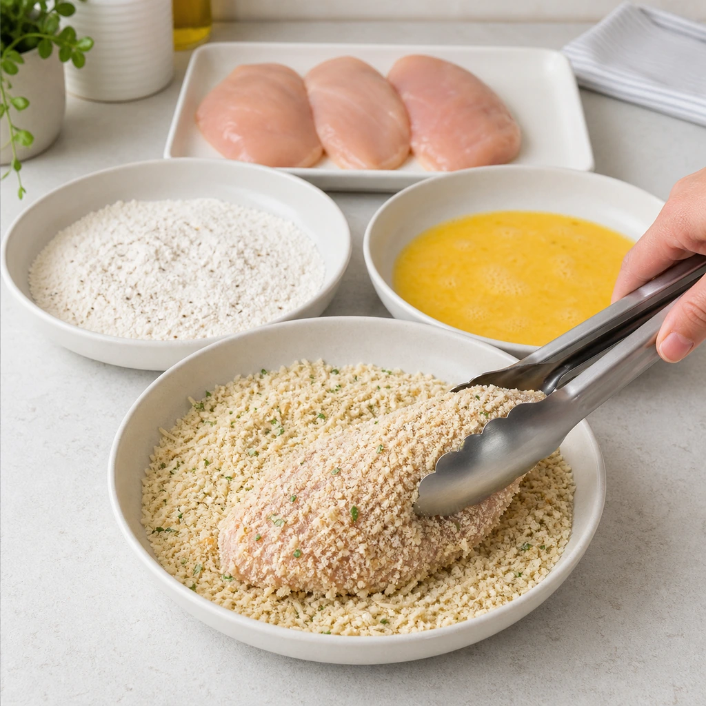 Raw chicken breast coated in Parmesan panko using kitchen tongs