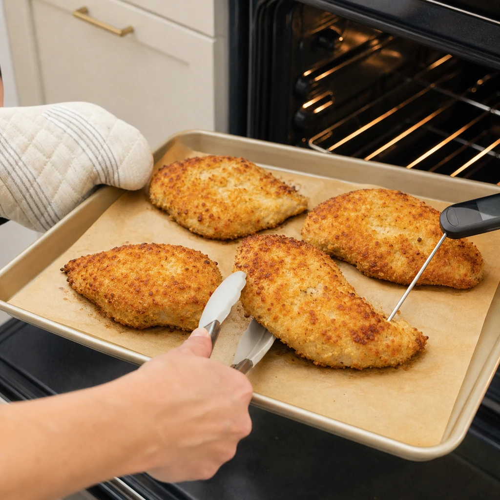 Golden baked Parmesan chicken checked with an instant-read thermometer