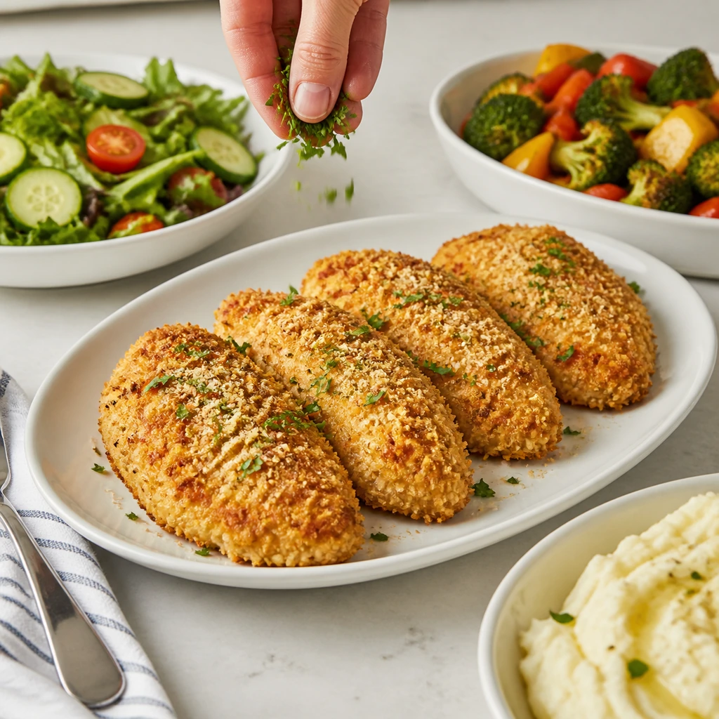 Cooked Parmesan chicken garnished with parsley and served with sides
