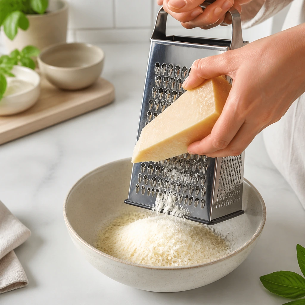 Fresh Parmesan grated safely into a ceramic bowl