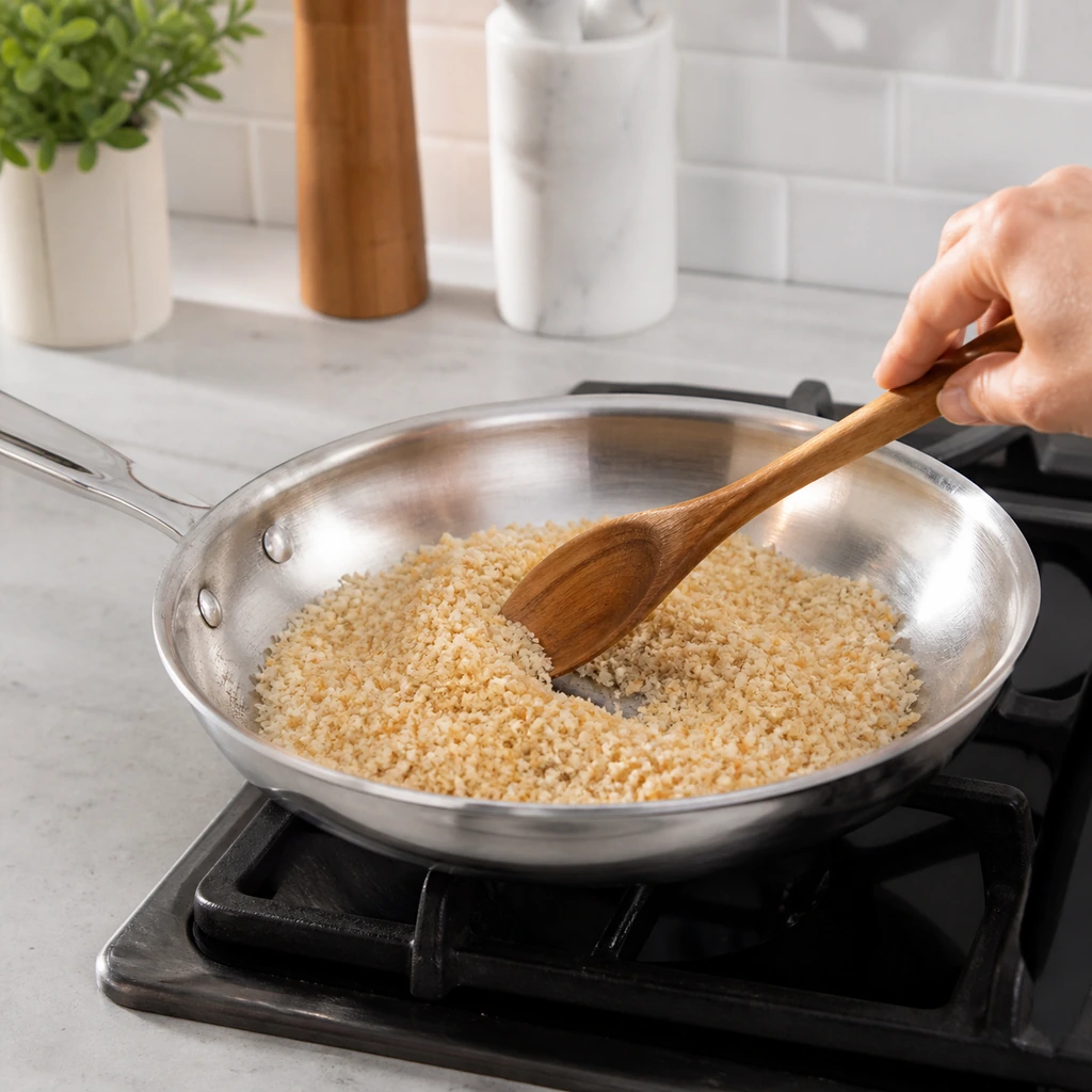 Panko breadcrumbs lightly toasted in a skillet