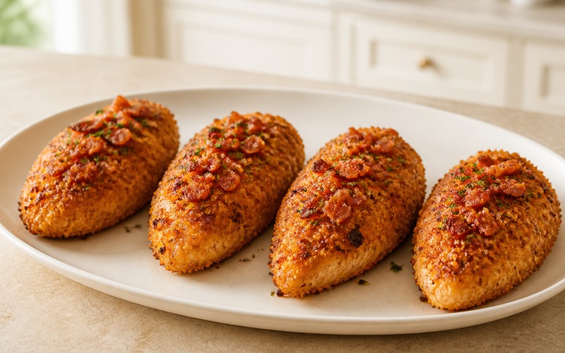 Four Parmesan crusted chicken breasts topped with bacon