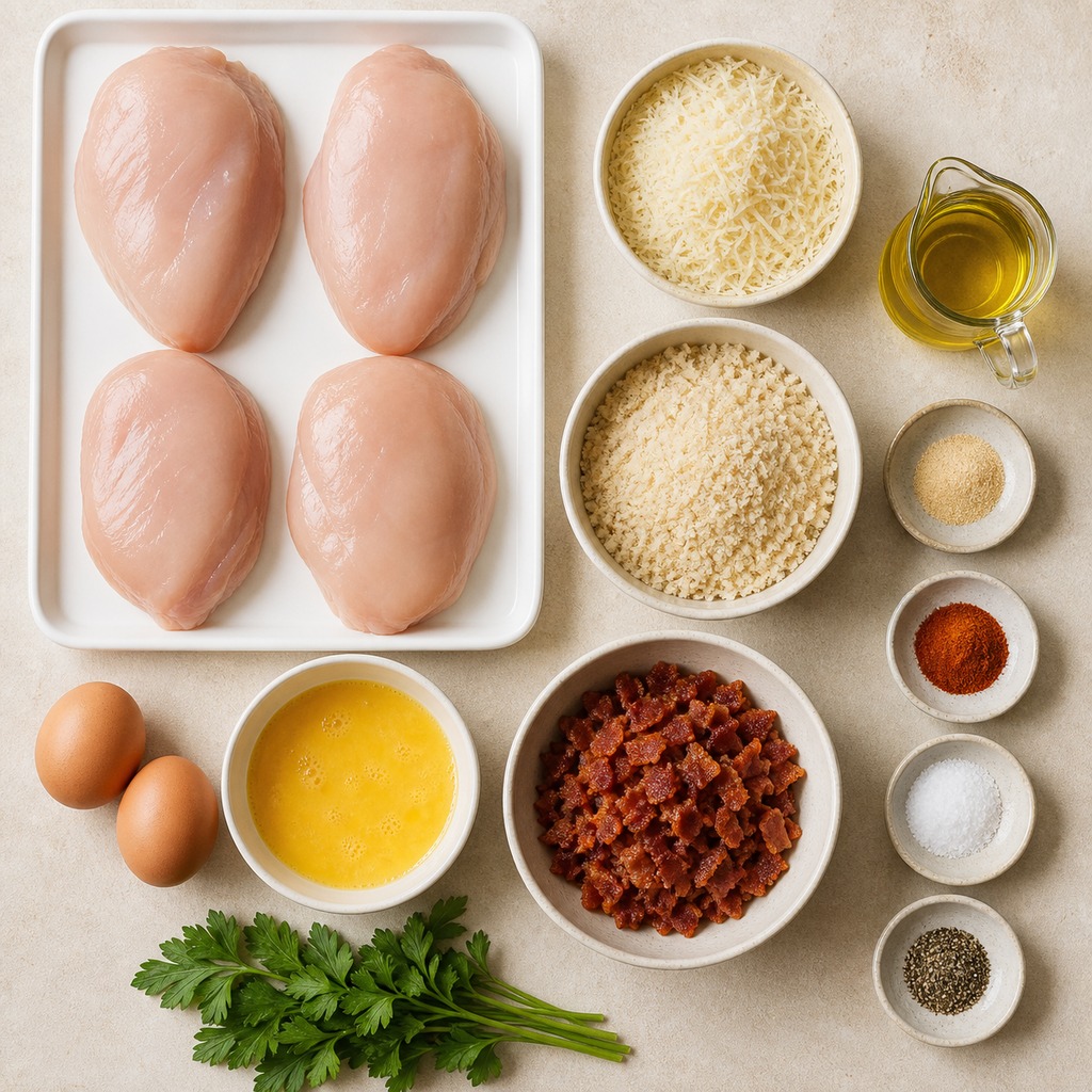 Ingredients for Parmesan crusted chicken with bacon