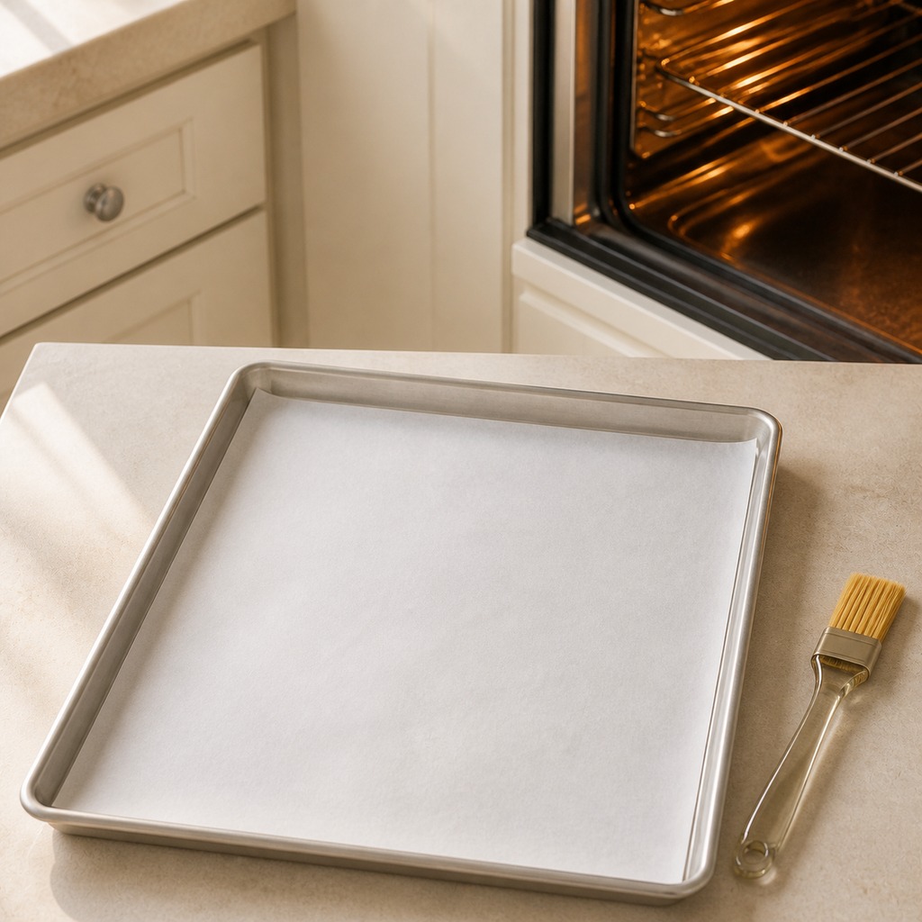 Parchment lined silver baking sheet beside a preheated oven