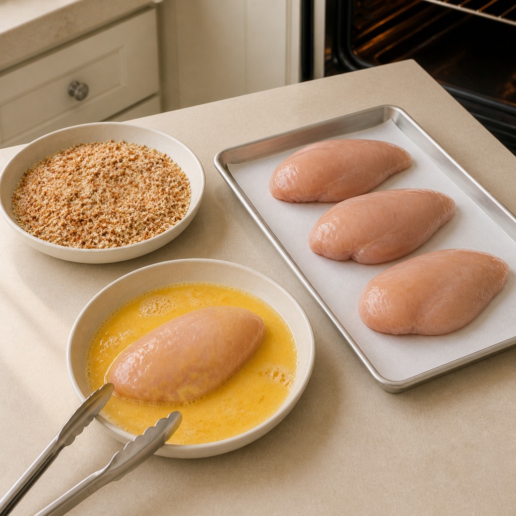 Chicken breast dipped in beaten egg with three breasts waiting