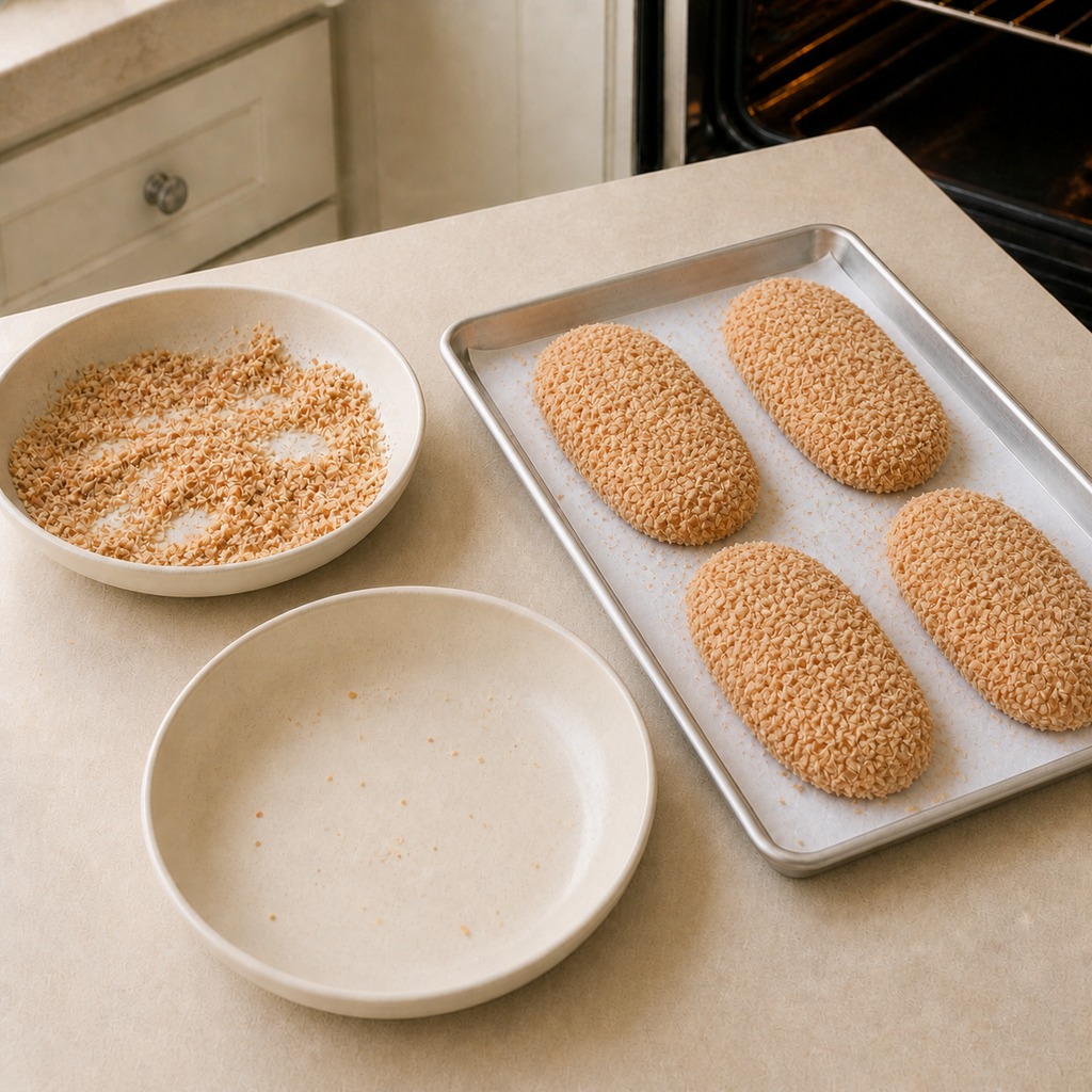 Four chicken breasts coated in Parmesan panko crumbs