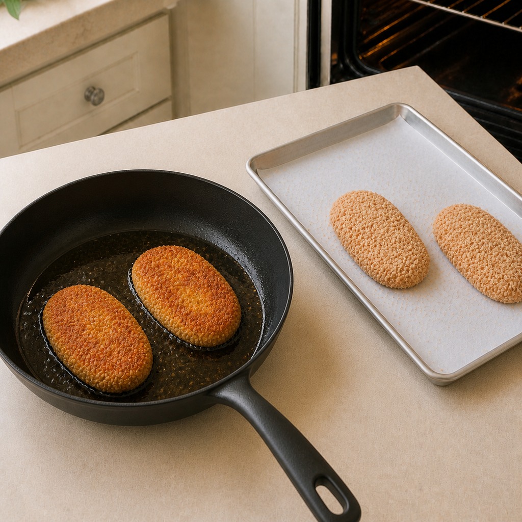Two breaded chicken breasts searing with two waiting on a tray