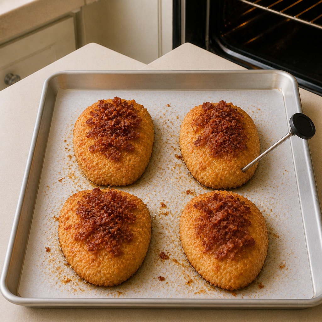 Four baked Parmesan chicken breasts topped with bacon crumbles