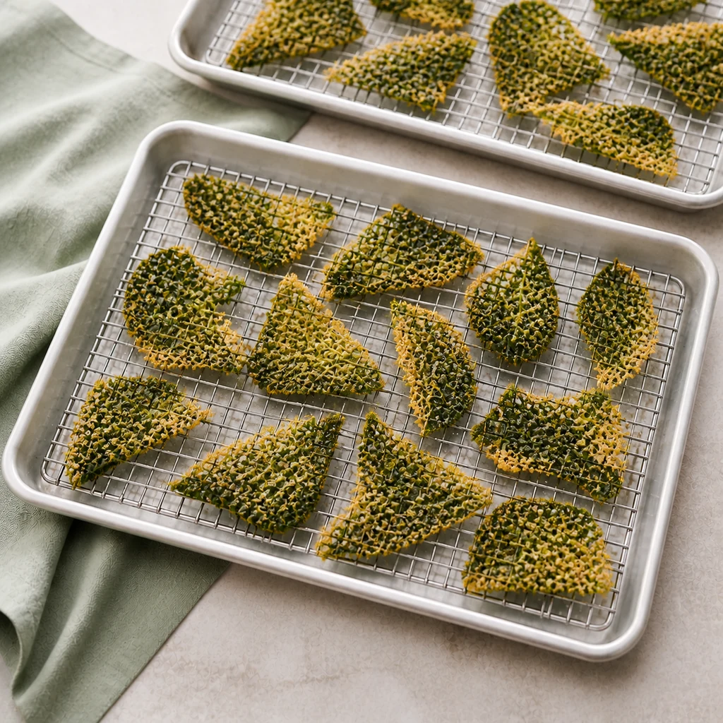 Golden Parmesan Savoy cabbage chips cooling on wire racks
