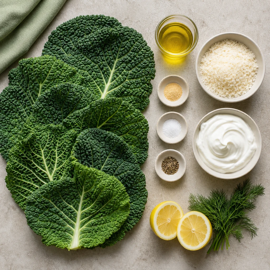Savoy cabbage, Parmesan, yogurt, lemon, dill, oil, and seasonings