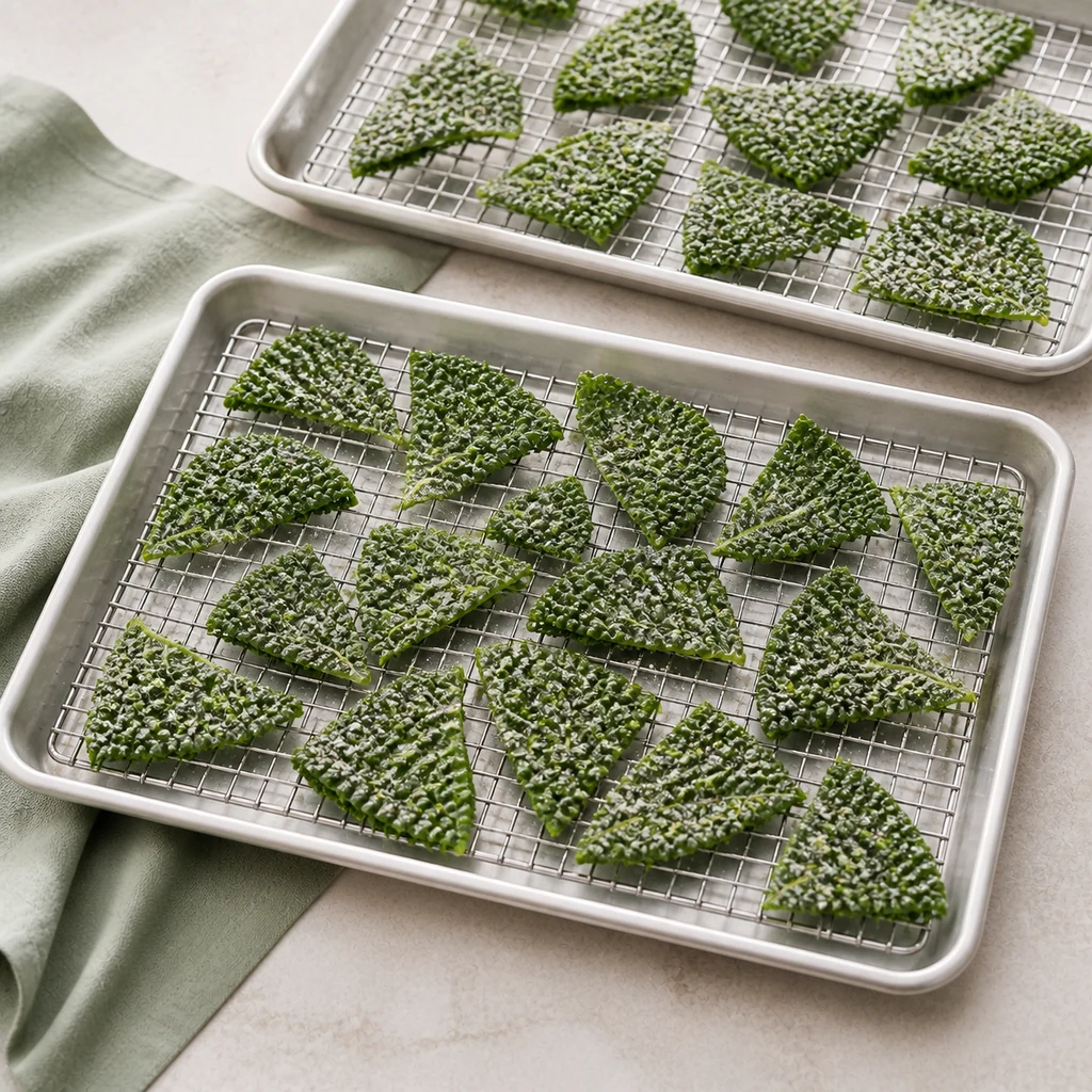Seasoned Savoy cabbage pieces arranged on two wire racks