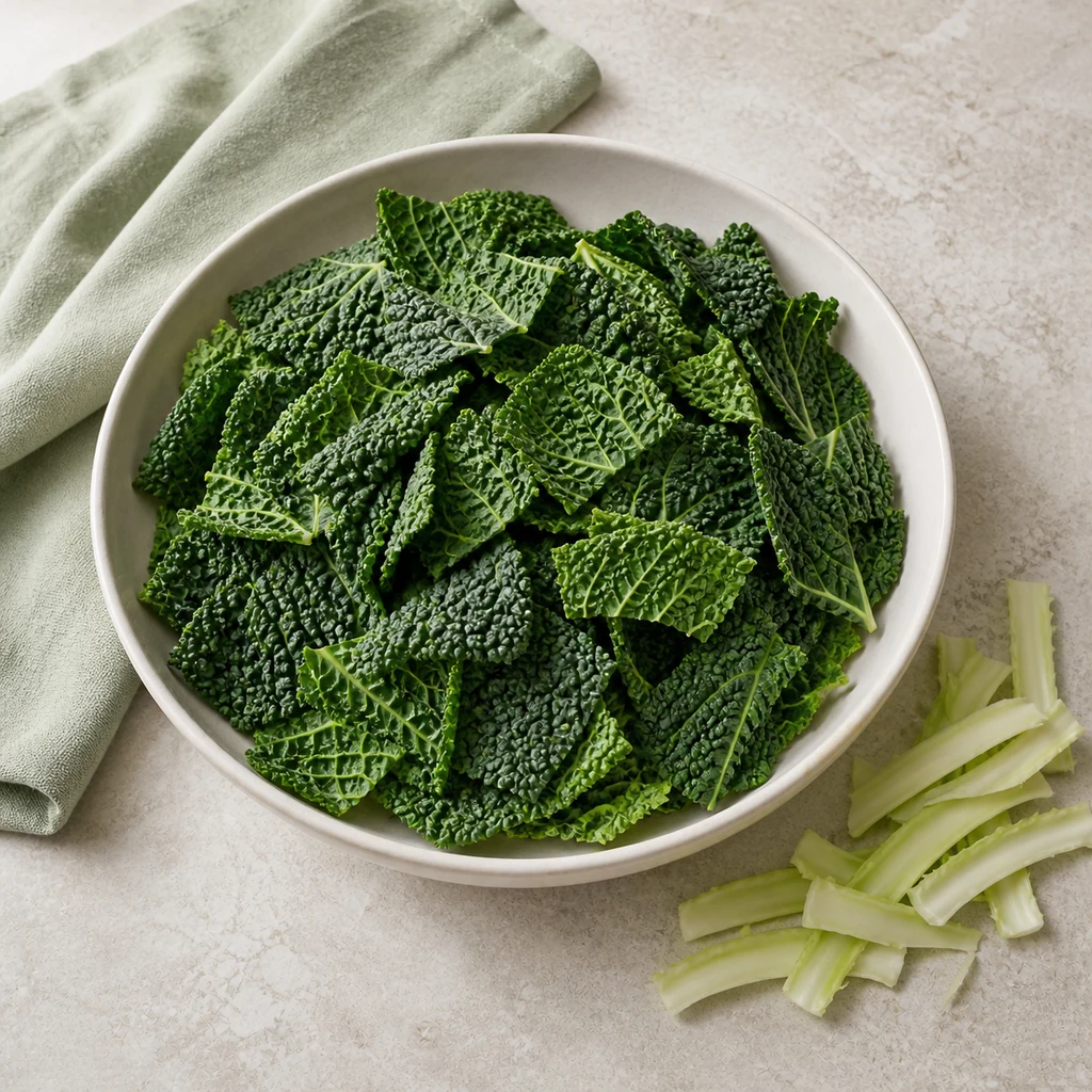 Dry Savoy cabbage leaves torn into chip-size pieces with ribs removed