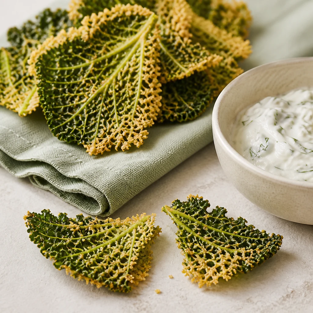 Crisp Parmesan Savoy cabbage chips beside lemon dill yogurt dip