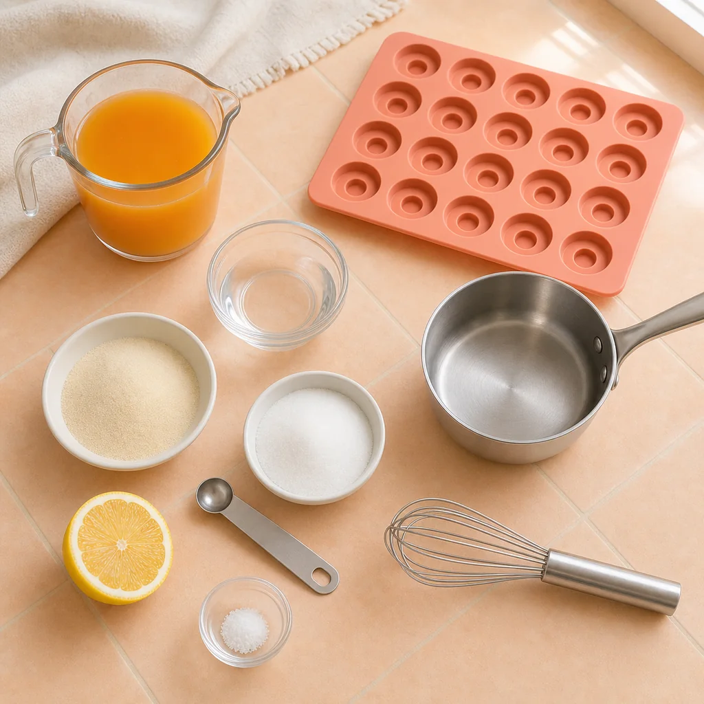 Measured peach gummy ingredients with a coral twenty-cavity silicone ring mold.