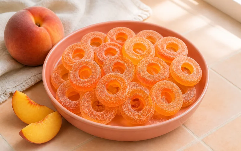 Homemade translucent peach gummy rings with a light sweet-tart sugar coating.