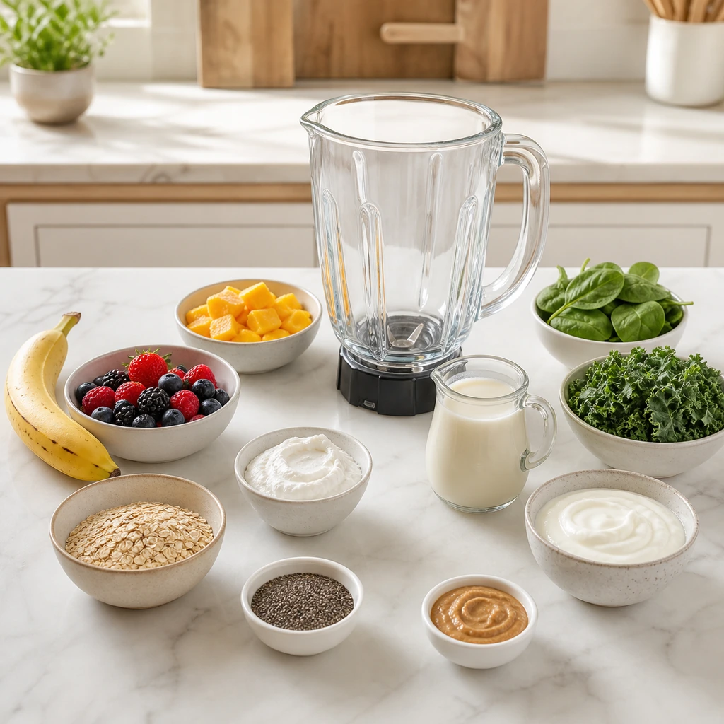Fresh fruit greens yogurt almond milk oats chia and nut butter around an empty blender