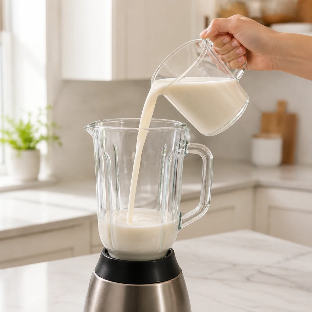 Almond milk poured into an empty blender as the liquid base
