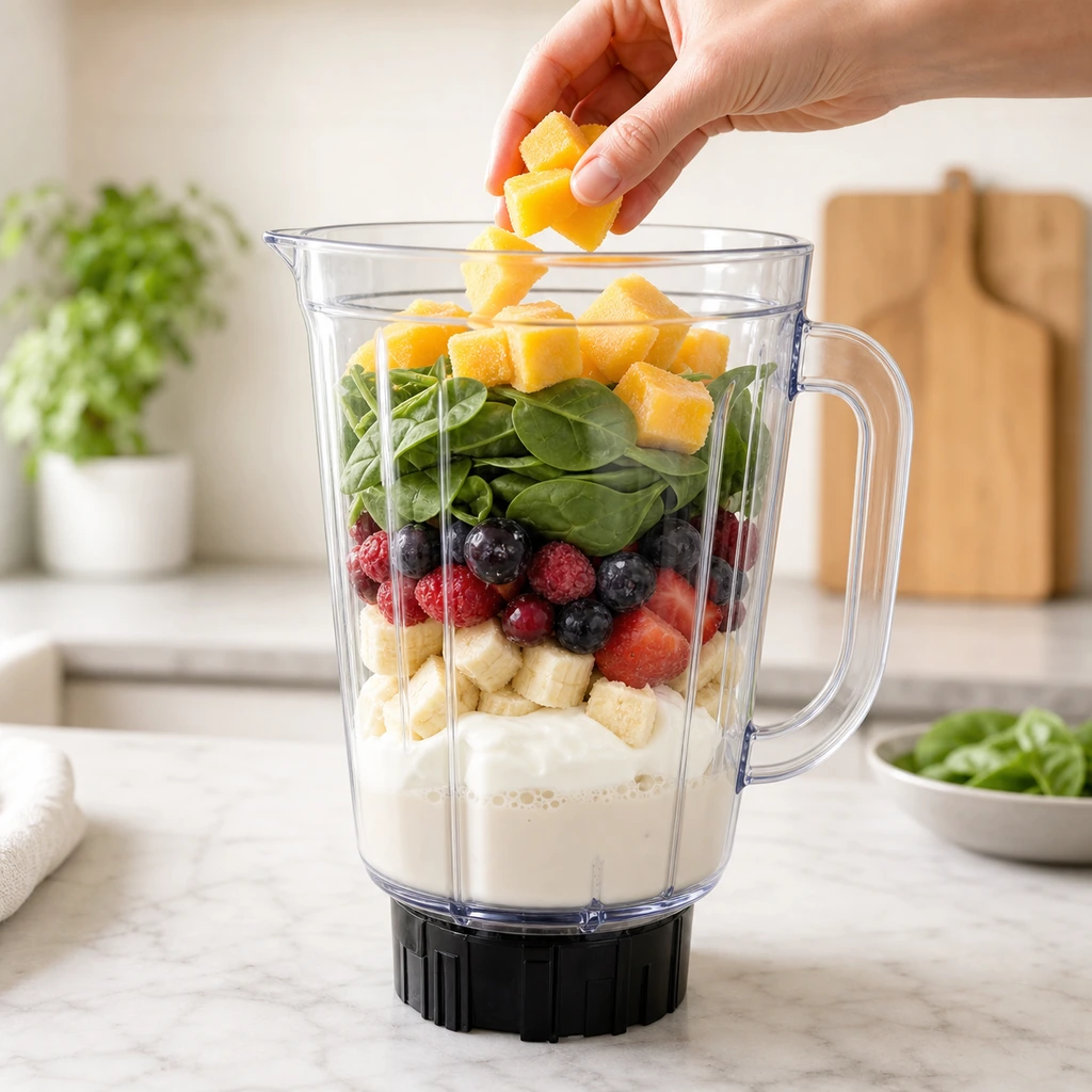 Smoothie ingredients layered with liquid yogurt fruit greens and frozen mango