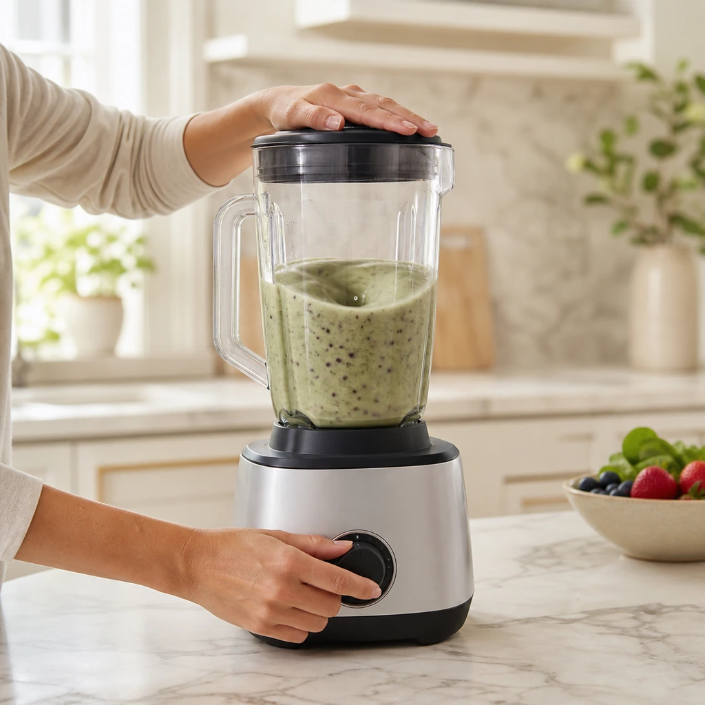 Covered blender mixing a creamy smoothie while hands control the lid and speed dial