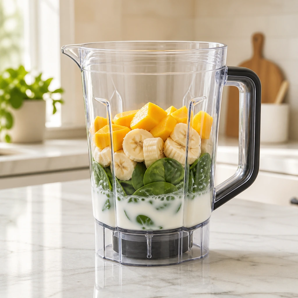 Blender filled below its maximum capacity with fruit greens and almond milk