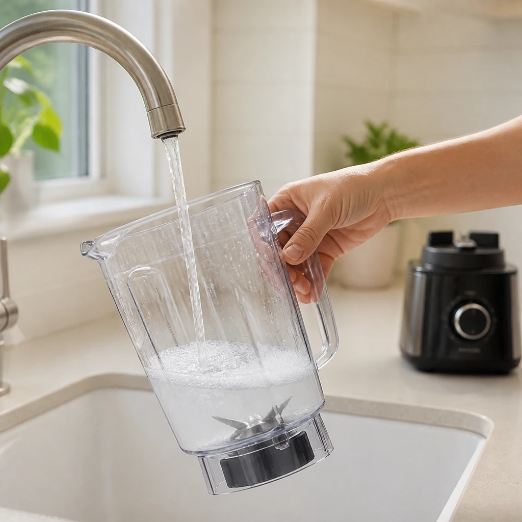 Disconnected blender jar safely rinsed at the sink away from its motor base