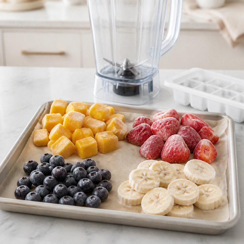 Frozen mango strawberries blueberries and banana slices on a tray
