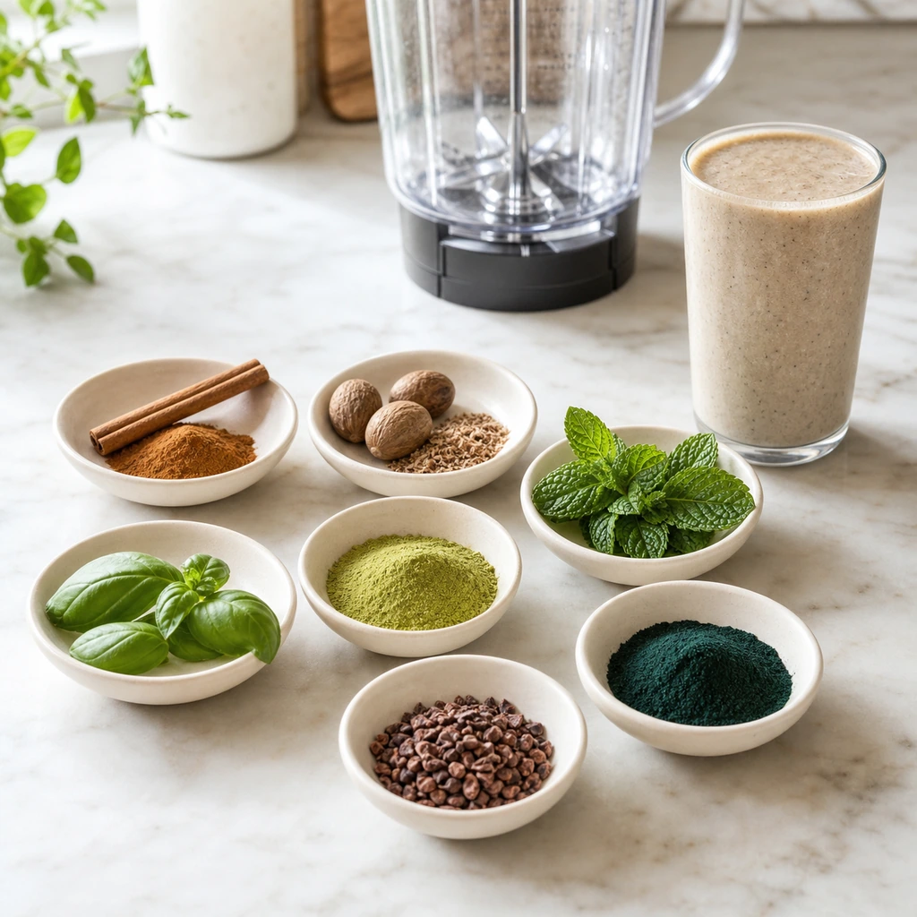 Cinnamon nutmeg mint basil matcha spirulina and cacao nib smoothie additions