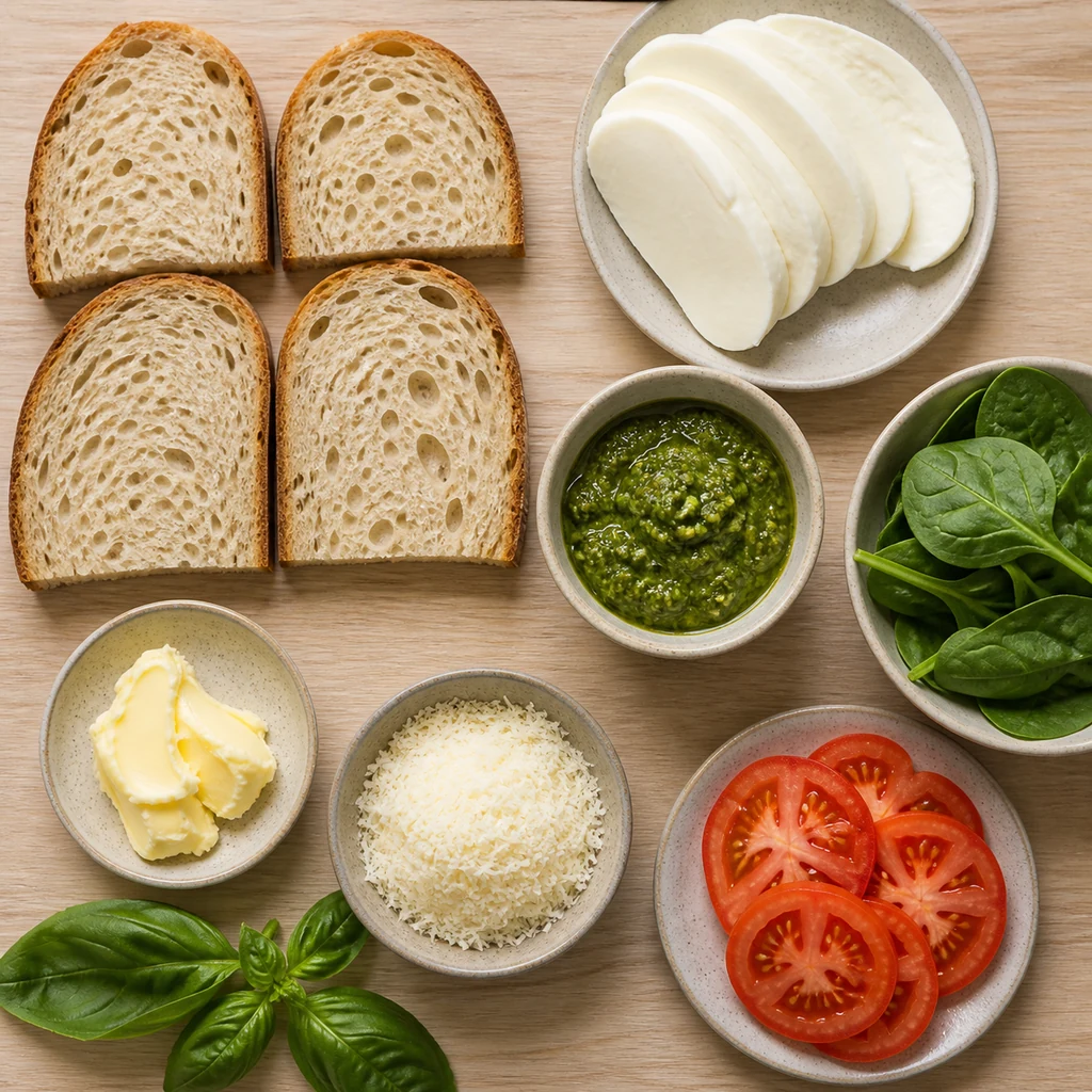 Ingredients for pesto and mozzarella grilled cheese arranged on a light wood counter