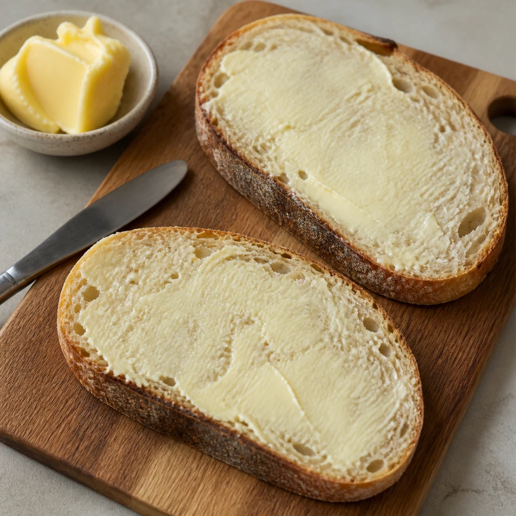 Softened butter spread evenly over sourdough bread slices