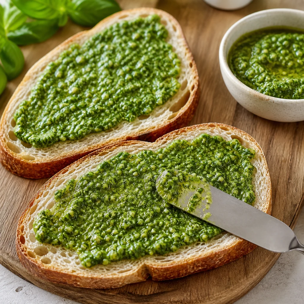 Basil pesto spread on sourdough bread for grilled cheese