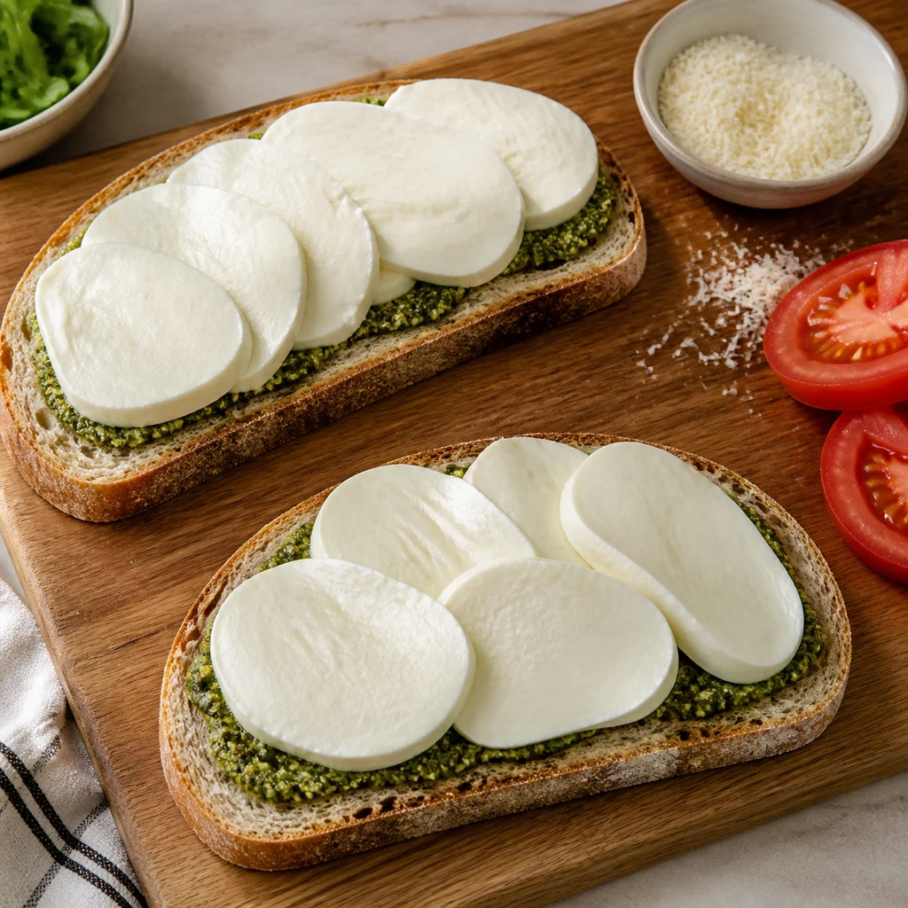 Fresh mozzarella layered over pesto on sourdough bread