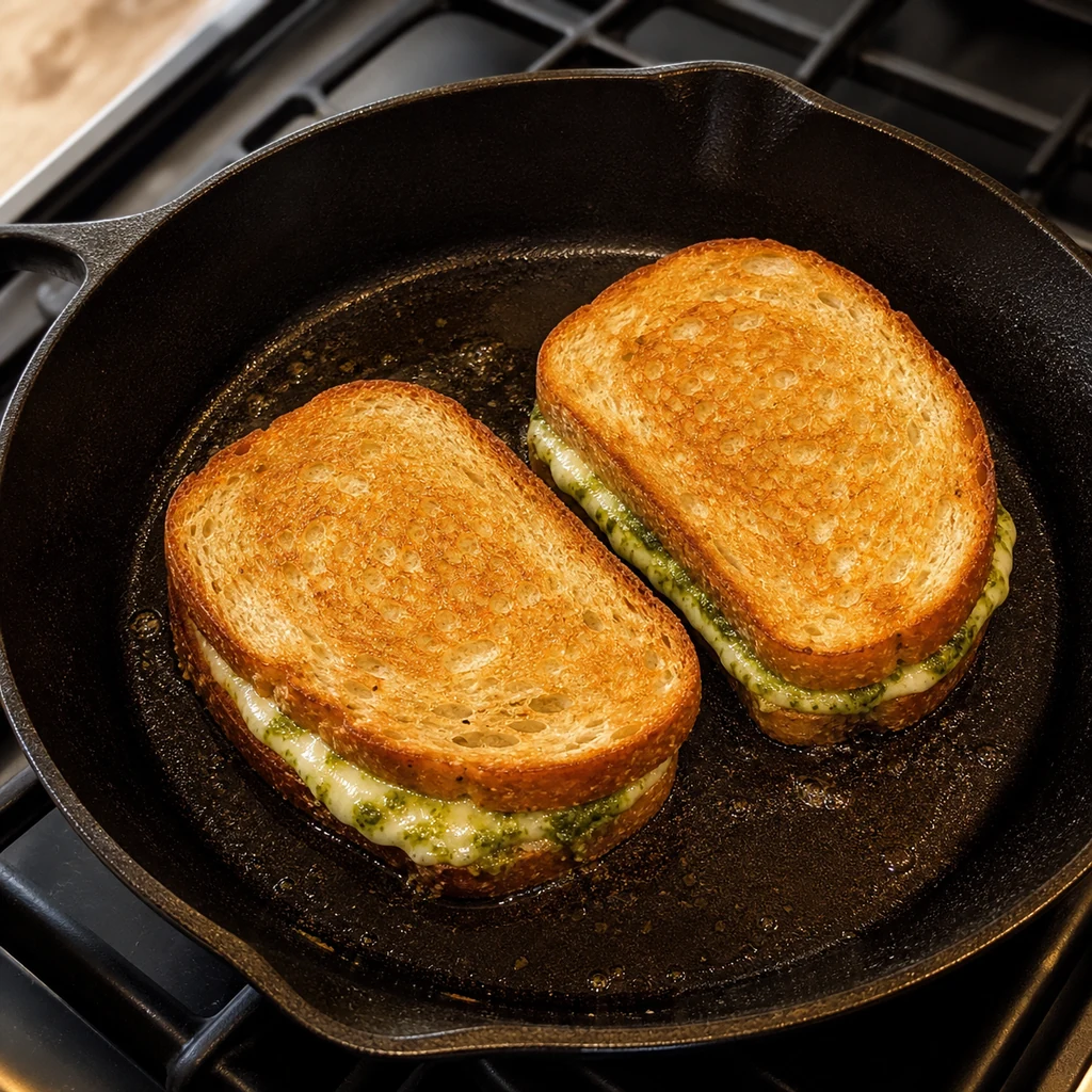 Pesto mozzarella grilled cheese sandwiches cooking in a skillet