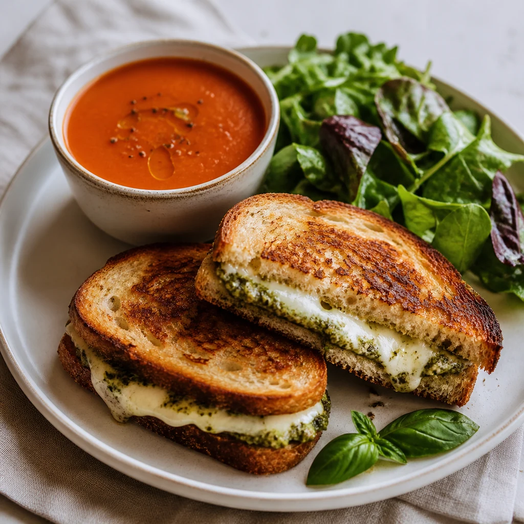 Pesto mozzarella grilled cheese served with tomato soup and a green salad