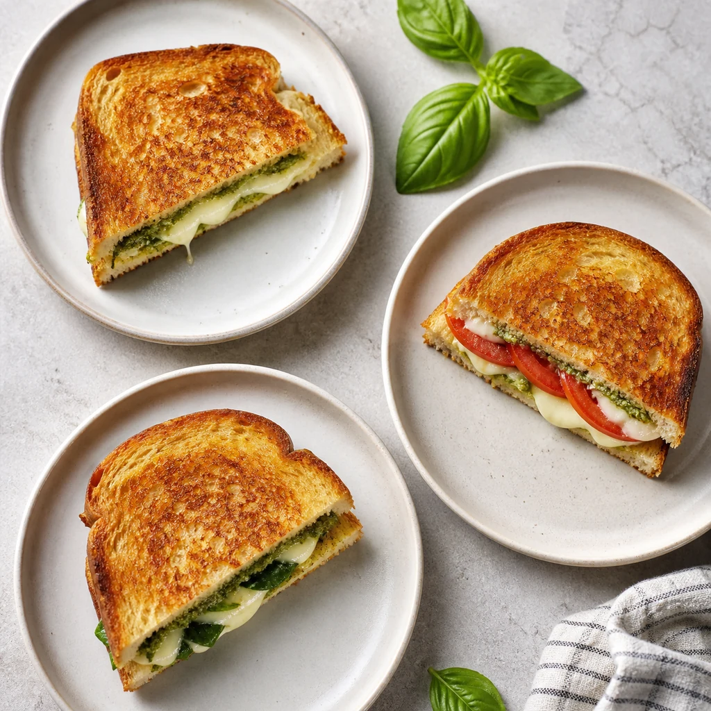 Three pesto mozzarella grilled cheese sandwich variations with tomato and spinach