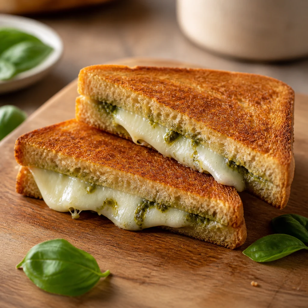 Pesto mozzarella grilled cheese sandwich sliced with melted cheese and pesto inside