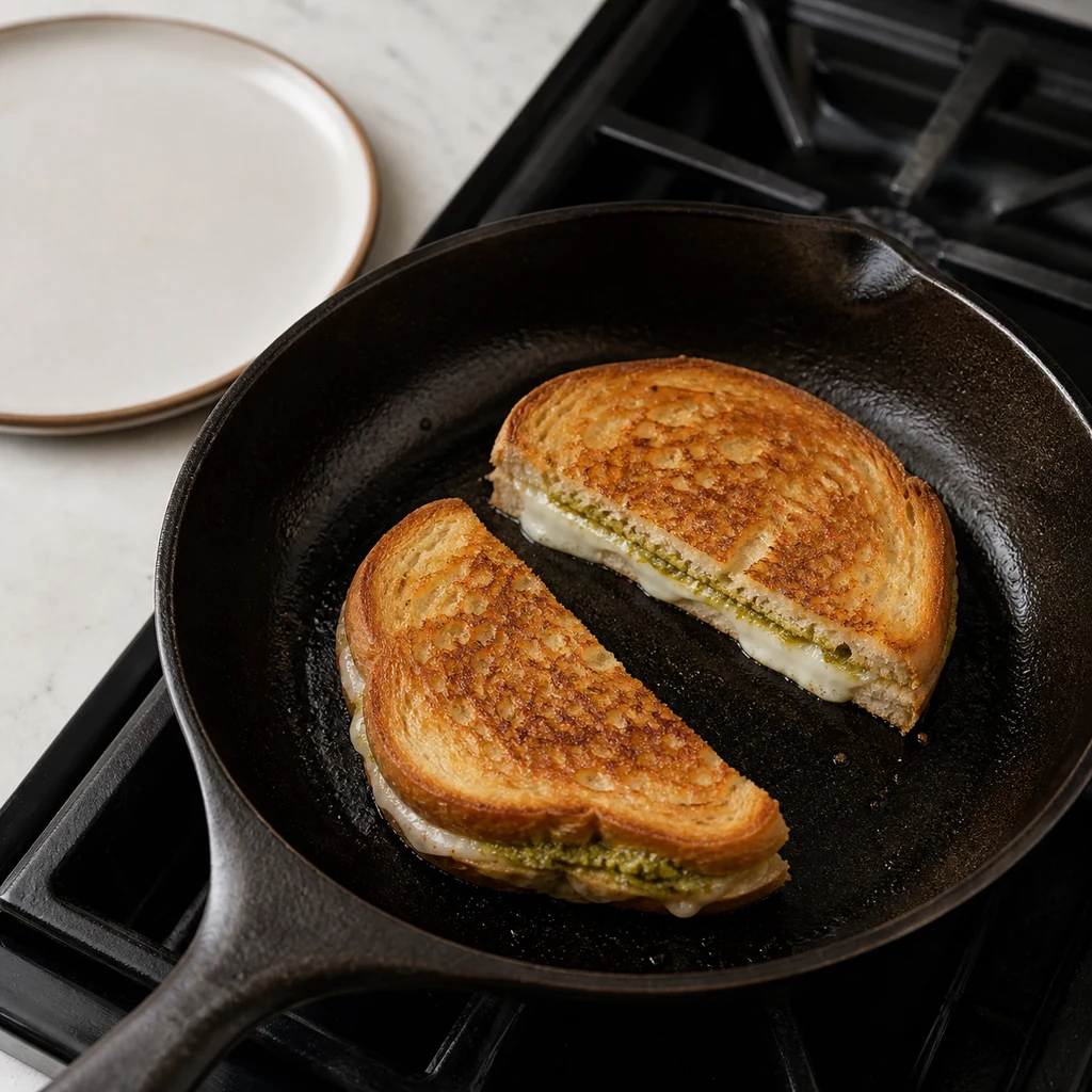 Leftover pesto mozzarella grilled cheese reheated in a skillet