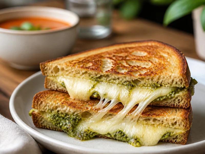 Pesto mozzarella grilled cheese sandwich with melted cheese and tomato soup