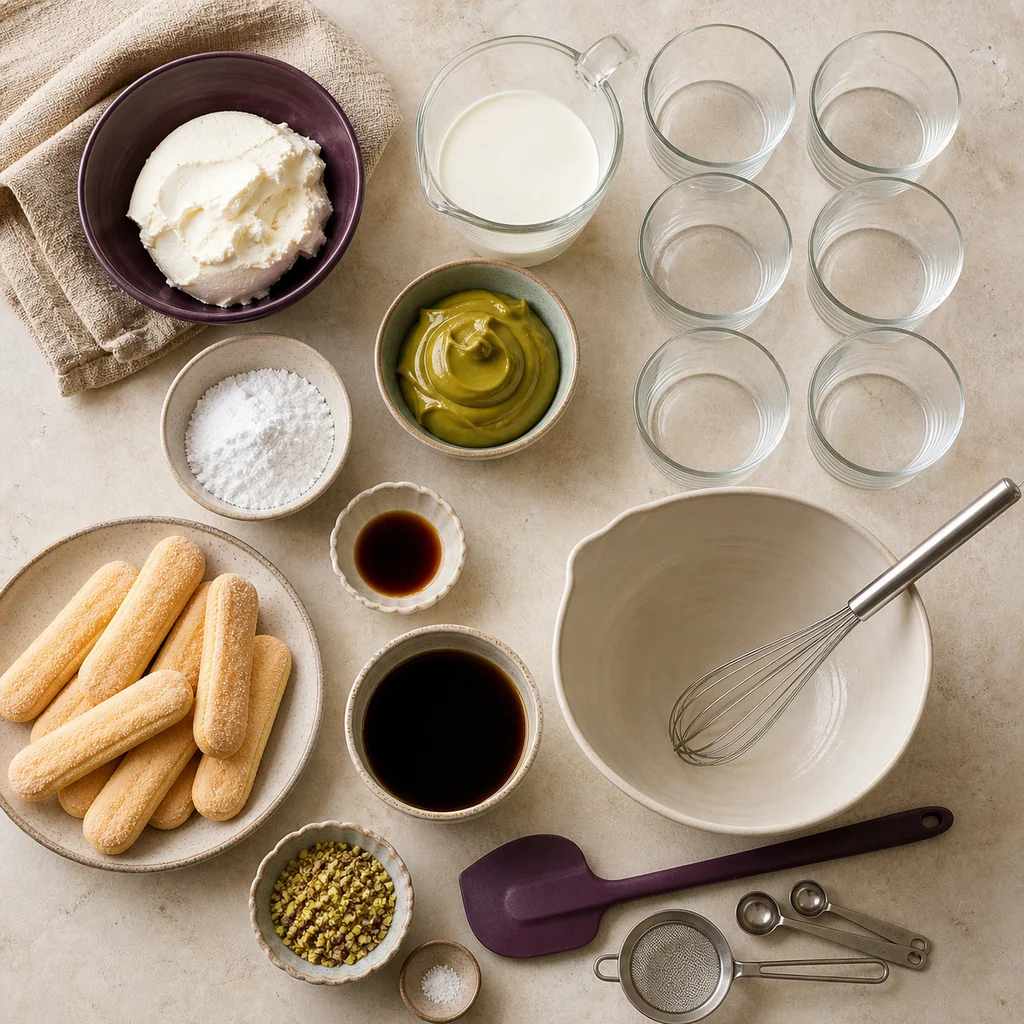 Measured mascarpone, cream, pistachio cream, ladyfingers, espresso, and six glass cups.