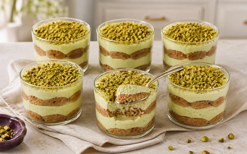 Six no-bake pistachio tiramisu cups with espresso-soaked ladyfingers and chopped pistachios.
