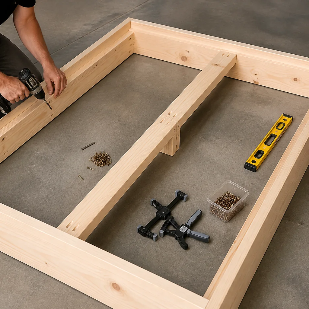 Center support beam and side cleats inside a DIY platform bed frame