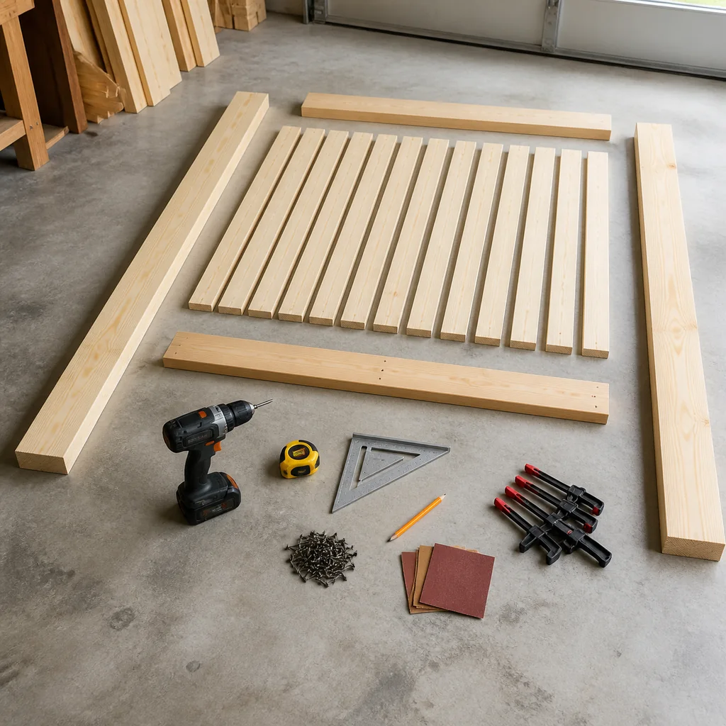 Cut lumber layout for a queen DIY platform bed before assembly