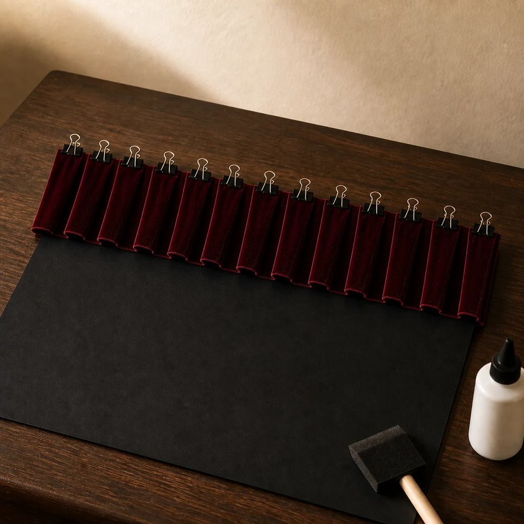 Pleat an oxblood velvet valance with binder clips