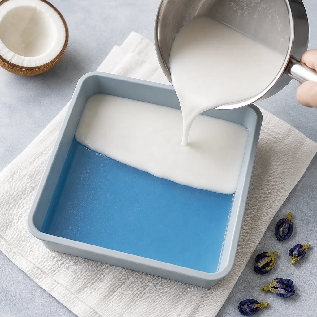 White coconut agar mixture poured over a set blue butterfly pea jelly layer.